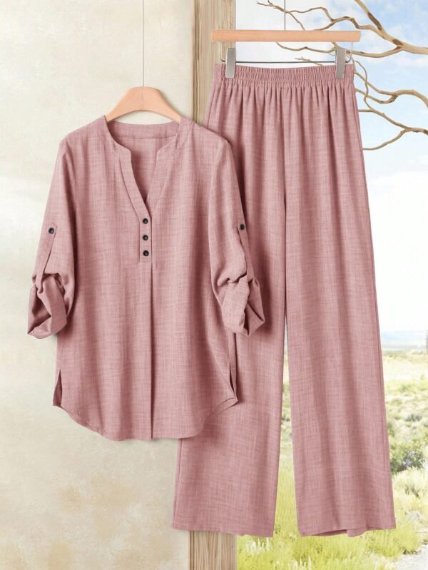 shein lune بدلة كاجوال للنساء تتكون من قميص بياقة على شكل حرف v وأكمام مكسرة، وبنطال ذو ساق واسعة 11