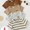 shein 4 قطع/مجموعة تيشيرت أساسي أحادي اللون بياقة طاقم وأكمام قصيرة للأطفال الرضع، مناسب للجنسين، قطن مريح وعملي للربيع/الصيف للاستخدام اليومي الداخلي والخارجي 8