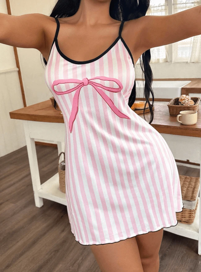 طقم بيجامة نسائي sweetslumber بفيونكة حلوة ومخطط بألوان متباينة، طقم استرخاء لطيف بفيونكة، طقم بيجامة قصير للنساء، ملابس استرخاء صيفية بفيونكة، فستان نوم بيبي دول بطبعة فيونكة مخططة باللون الوردي والأبيض، ملابس نوم داخلية لطيفة 8