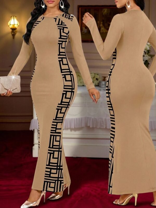 shein lady فستان أنيق للنساء بطبعات هندسية ملونة وتصميم ذيل السمكة