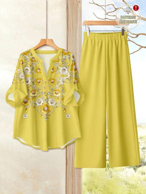 shein lune بدلة كاجوال للنساء تتكون من قميص بياقة على شكل حرف v وأكمام مكسرة، وبنطال ذو ساق واسعة 4