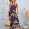 shein lune فستان ماكسي كاجوال للنساء من قماش مُنسوج بتصميم أخضر عسكري بياقة على شكل حرف v بدون أكمام مع طبعة ريش عشوائية وشق في الفخذ 2