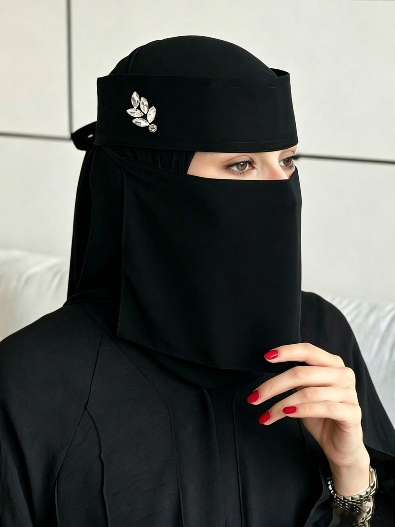 قطعة واحدة نقاب نسائي بلون أحادي مع فيونكة ذهبية مطبوعة بالزهور، وشاح رأس خفيف قابل للتنفس، أسود، للشاطئ والعطلات 6