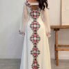 yasmyna فستان أنيق رومانسي بطراز عربي من الشيفون مطبوع رقميًا بلون المشمش، قصة a line مع خصر أنيق، مناسب للربيع والصيف 1