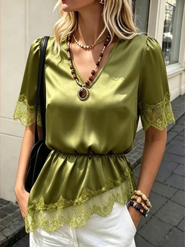 flora isola flora isola بلوزة نسائية كاجوال لعطلات الربيع/الصيف بياقة على شكل حرف v وتفاصيل دانتيل متباينة وحافة غير متماثلة بلون موحد وأكمام قصيرة 3