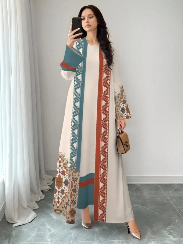 shein najma فستان نسائي بطراز بوهيمي أنيق بطبعة زهرية عتيقة، طقم قطعتين من الفستان الماكسي بياقة دائرية والكارديجان، بطراز عربي، موضة الربيع والصيف 16