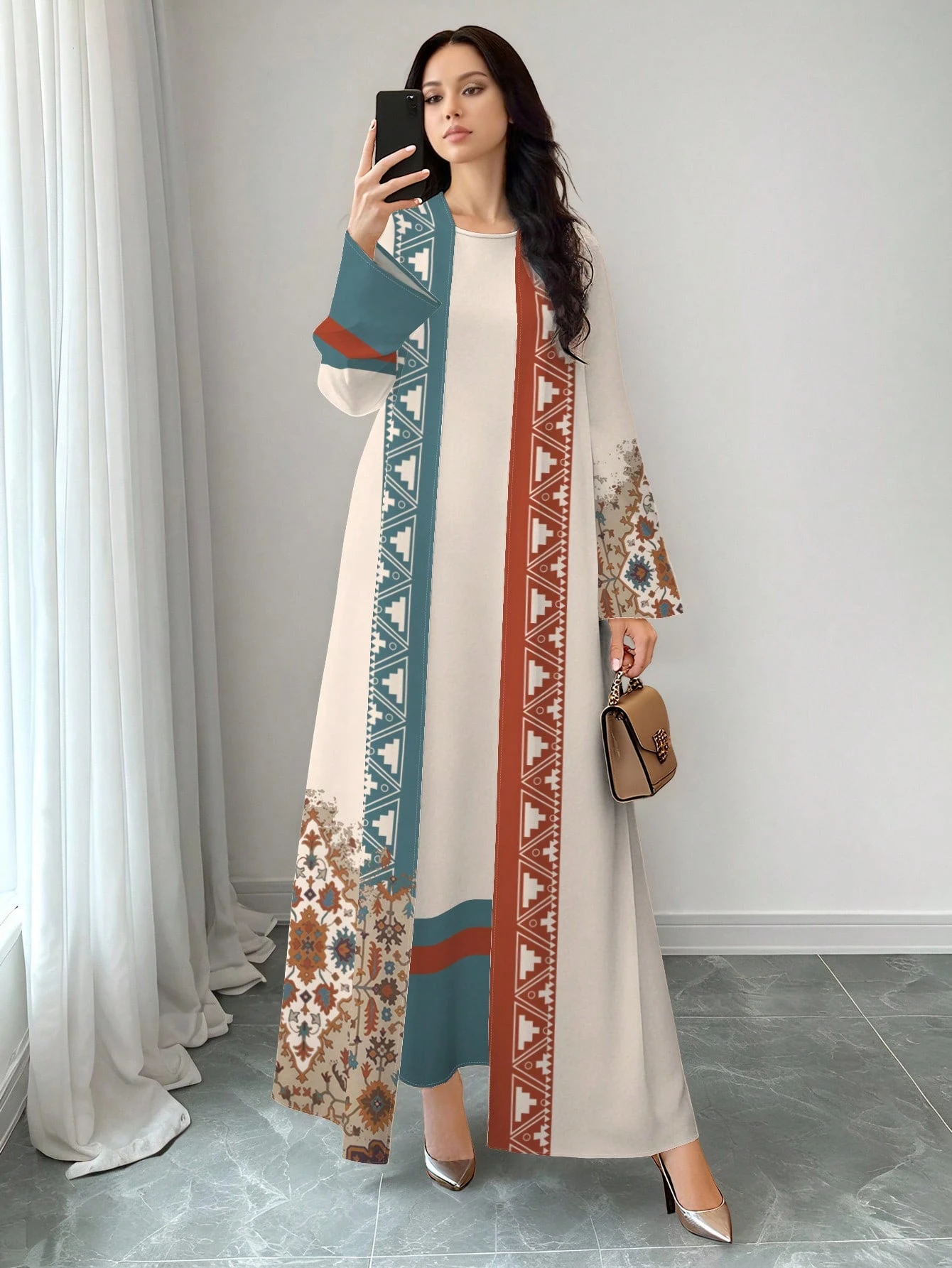 shein najma فستان نسائي بطراز بوهيمي أنيق بطبعة زهرية عتيقة، طقم قطعتين من الفستان الماكسي بياقة دائرية والكارديجان، بطراز عربي، موضة الربيع والصيف 16