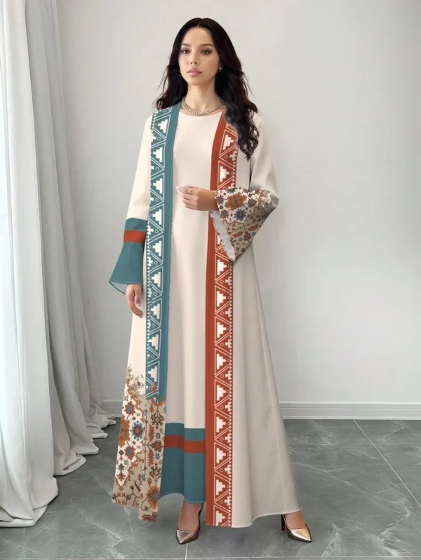 shein najma فستان نسائي بطراز بوهيمي أنيق بطبعة زهرية عتيقة، طقم قطعتين من الفستان الماكسي بياقة دائرية والكارديجان، بطراز عربي، موضة الربيع والصيف 17