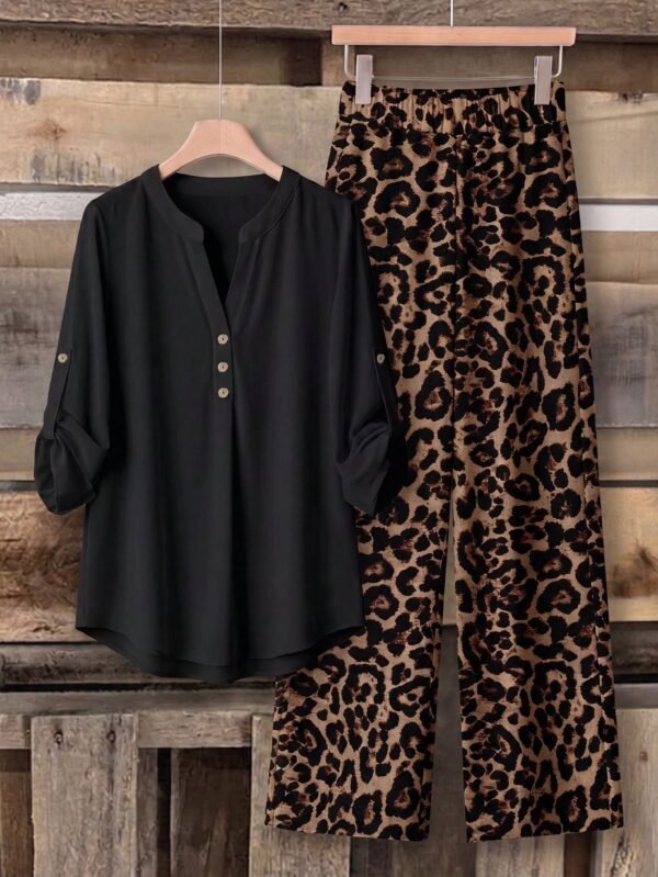 shein lune بدلة كاجوال للنساء تتكون من قميص بياقة على شكل حرف v وأكمام مكسرة، وبنطال ذو ساق واسعة 18