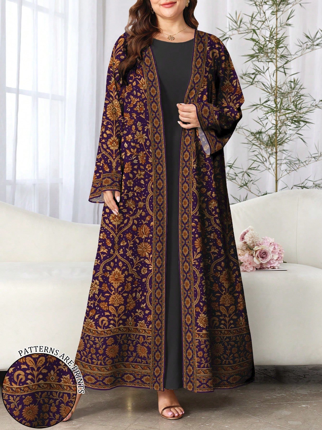 shein najma عباية عربية كاجوال طويلة الأكمام مطبوعة بطباعة رقمية زهرية للنساء ذوات الحجم الكبير، للربيع والخريف 3