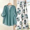 shein lune بدلة كاجوال للنساء تتكون من قميص بياقة على شكل حرف v وأكمام مكسرة، وبنطال ذو ساق واسعة 14