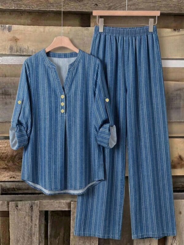 shein lune بدلة كاجوال للنساء تتكون من قميص بياقة على شكل حرف v وأكمام مكسرة، وبنطال ذو ساق واسعة 17