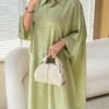 yasmyna فستان ربيع/صيف مزين باللؤلؤ بتصميم أنيق وممشوق مع خرز ونسيج بارز 3