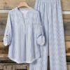 shein lune بدلة كاجوال للنساء تتكون من قميص بياقة على شكل حرف v وأكمام مكسرة، وبنطال ذو ساق واسعة 16