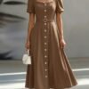 shein franclia فستان أنيق أكمام قصيرة ذو رقبة قلب، أمامي بأزرار، خصر ملتف 7