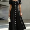 shein franclia فستان أنيق أكمام قصيرة ذو رقبة قلب، أمامي بأزرار، خصر ملتف 3