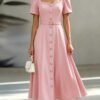 shein franclia فستان أنيق أكمام قصيرة ذو رقبة قلب، أمامي بأزرار، خصر ملتف 4