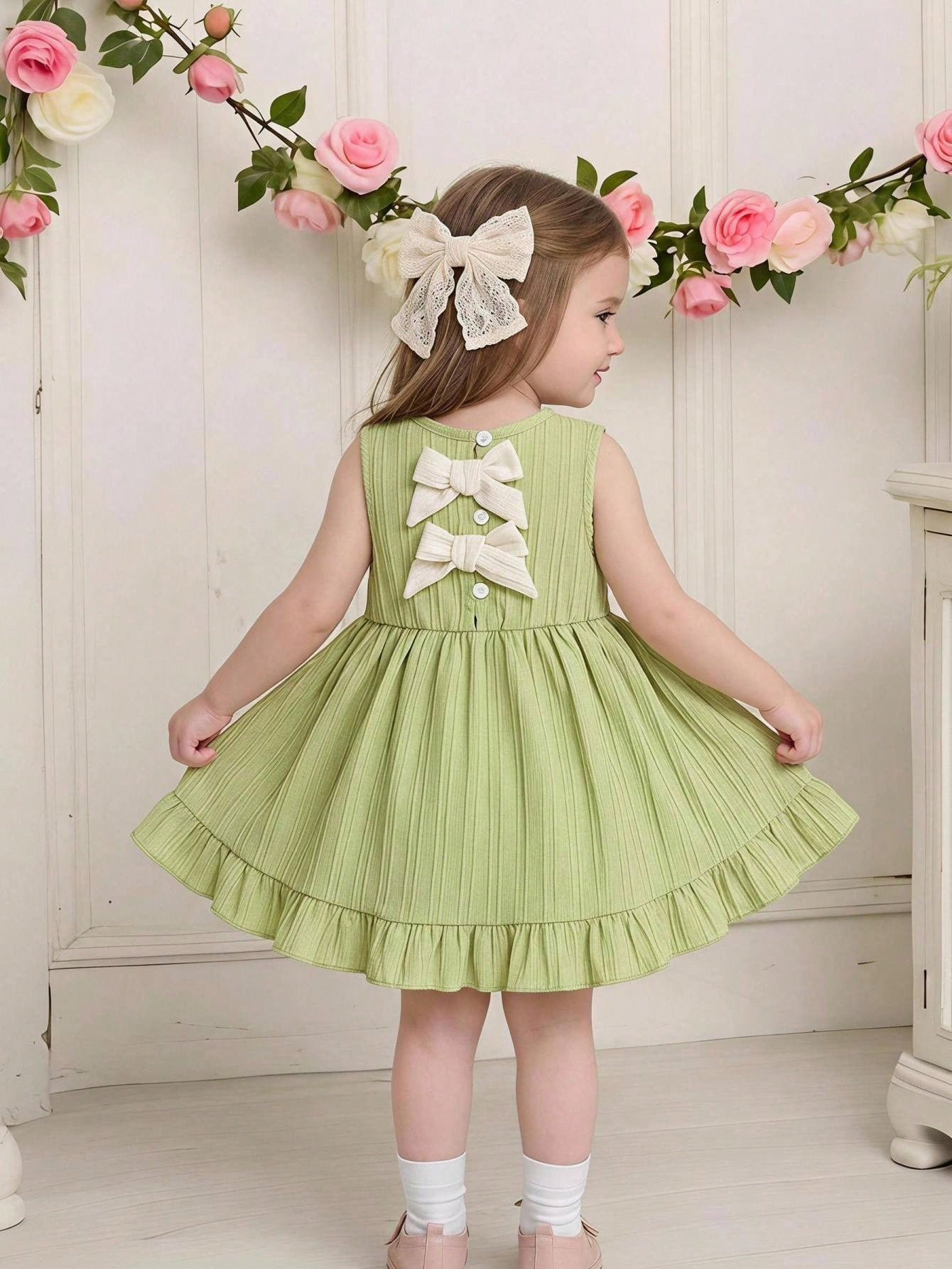 shein فستان للبنات من عمر 3 أشهر إلى 3 سنوات للخروج، قطعة واحدة بأسلوب كاجوال وجميل للارتداء اليومي في فصل الخريف، فستان كم قصير مزين بفيونكة بنية اللون 2