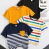 shein 4 قطع/مجموعة تيشيرت أساسي أحادي اللون بياقة طاقم وأكمام قصيرة للأطفال الرضع، مناسب للجنسين، قطن مريح وعملي للربيع/الصيف للاستخدام اليومي الداخلي والخارجي 9