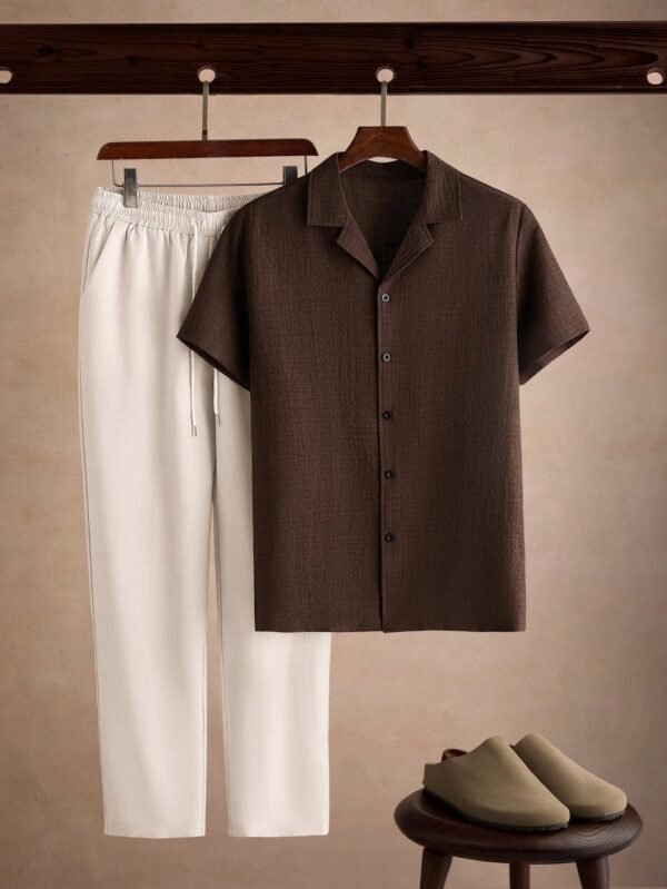 core aspect بدلة رجالية كاجوال قصيرة الأكمام بلون أبيض قطعتين، قميص وبنطلون 4