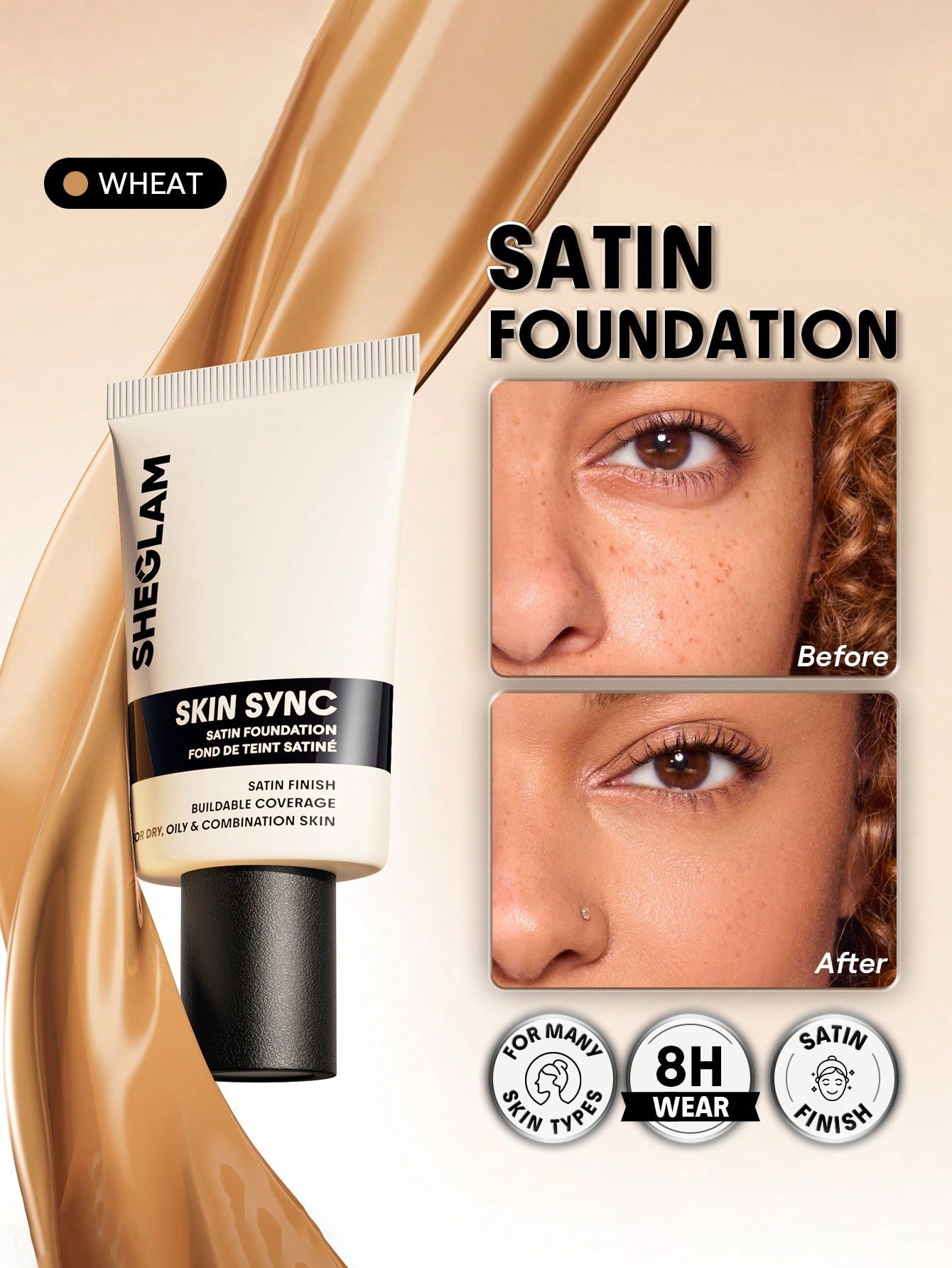 sheglam skin sync satin كريم أساس fair علامة تجارية جمال مكياج ميكب مستحضرات تجميل للنساء الفتيات مثالي لفصل الصيف الربيع مثالي ل y2k أزياء أنيقة عيد الأم هدية حفلة جاهز أفضل لون 14