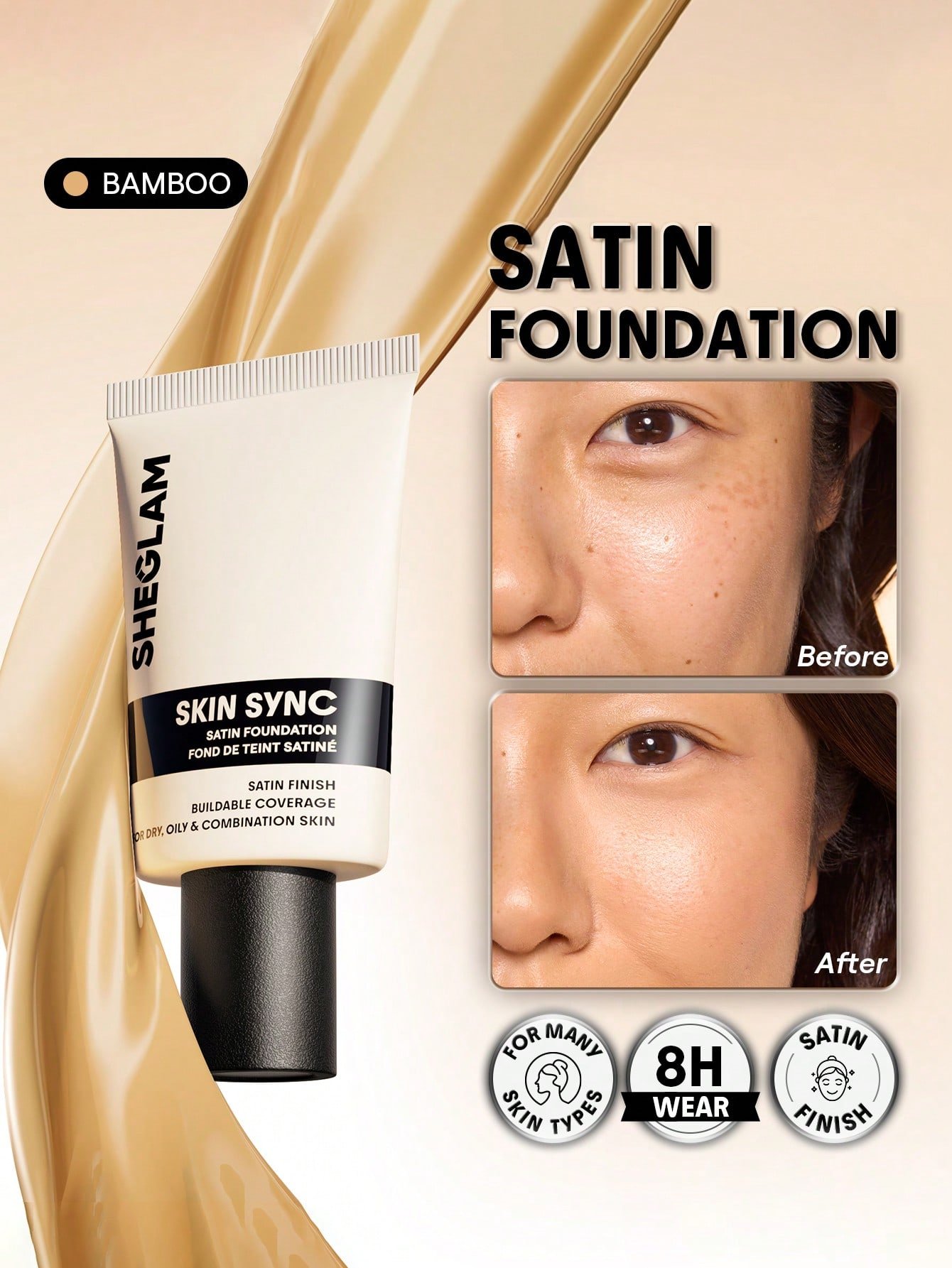 sheglam skin sync satin كريم أساس fair علامة تجارية جمال مكياج ميكب مستحضرات تجميل للنساء الفتيات مثالي لفصل الصيف الربيع مثالي ل y2k أزياء أنيقة عيد الأم هدية حفلة جاهز أفضل لون 5