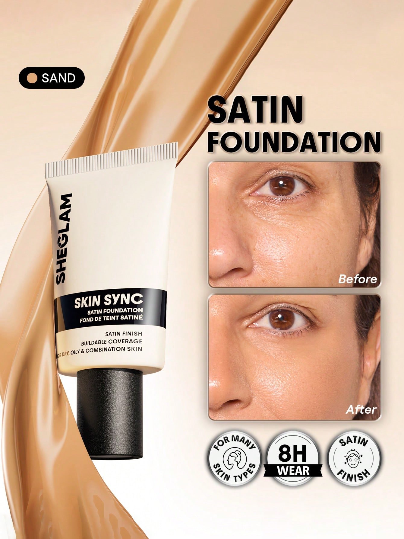 sheglam skin sync satin كريم أساس fair علامة تجارية جمال مكياج ميكب مستحضرات تجميل للنساء الفتيات مثالي لفصل الصيف الربيع مثالي ل y2k أزياء أنيقة عيد الأم هدية حفلة جاهز أفضل لون 10