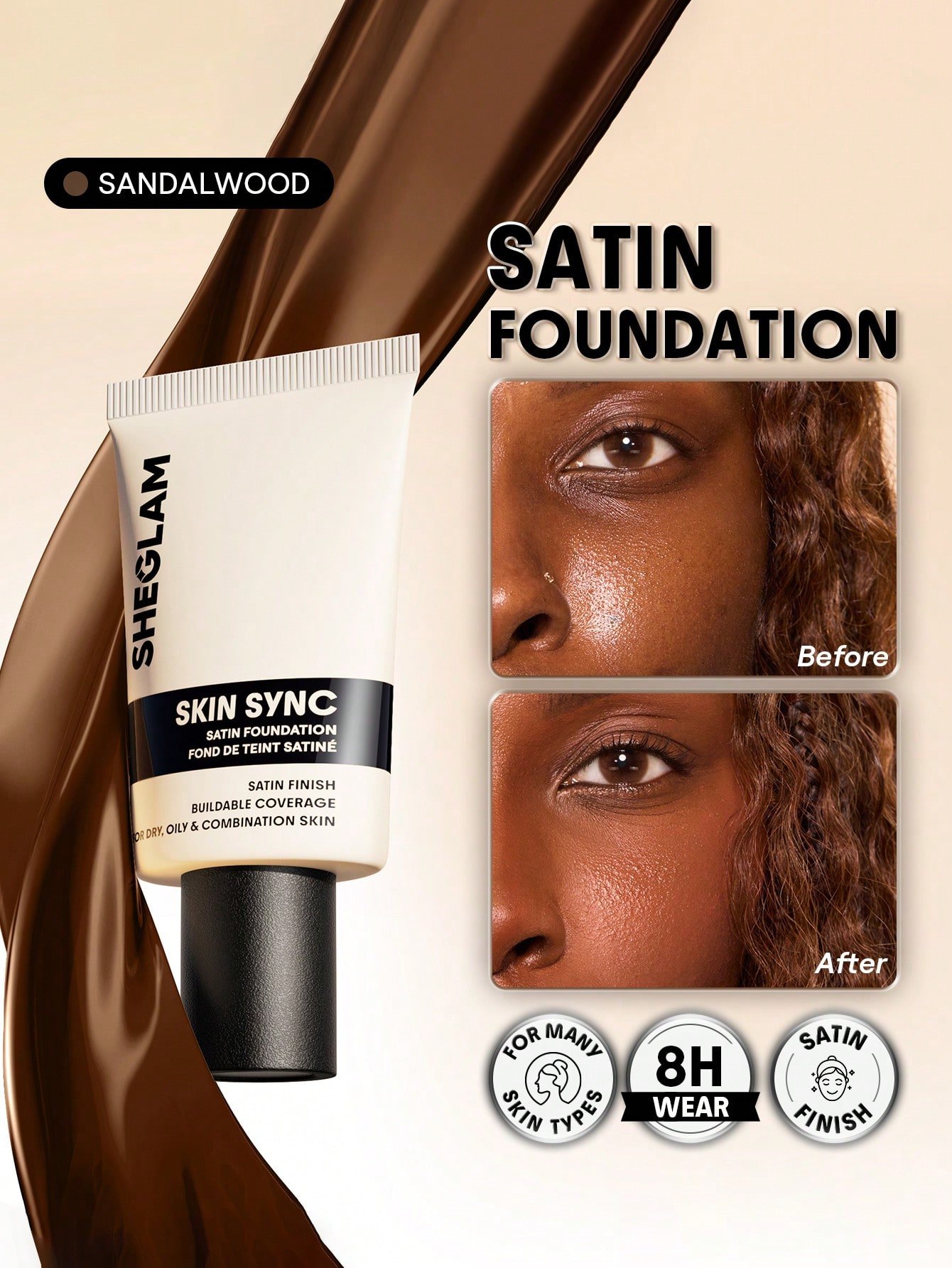 sheglam skin sync satin كريم أساس fair علامة تجارية جمال مكياج ميكب مستحضرات تجميل للنساء الفتيات مثالي لفصل الصيف الربيع مثالي ل y2k أزياء أنيقة عيد الأم هدية حفلة جاهز أفضل لون 29
