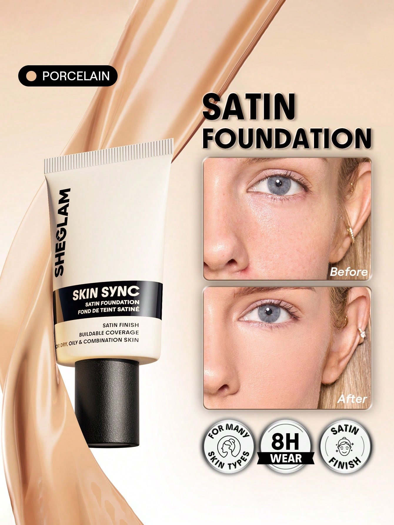 sheglam skin sync satin كريم أساس fair علامة تجارية جمال مكياج ميكب مستحضرات تجميل للنساء الفتيات مثالي لفصل الصيف الربيع مثالي ل y2k أزياء أنيقة عيد الأم هدية حفلة جاهز أفضل لون 2