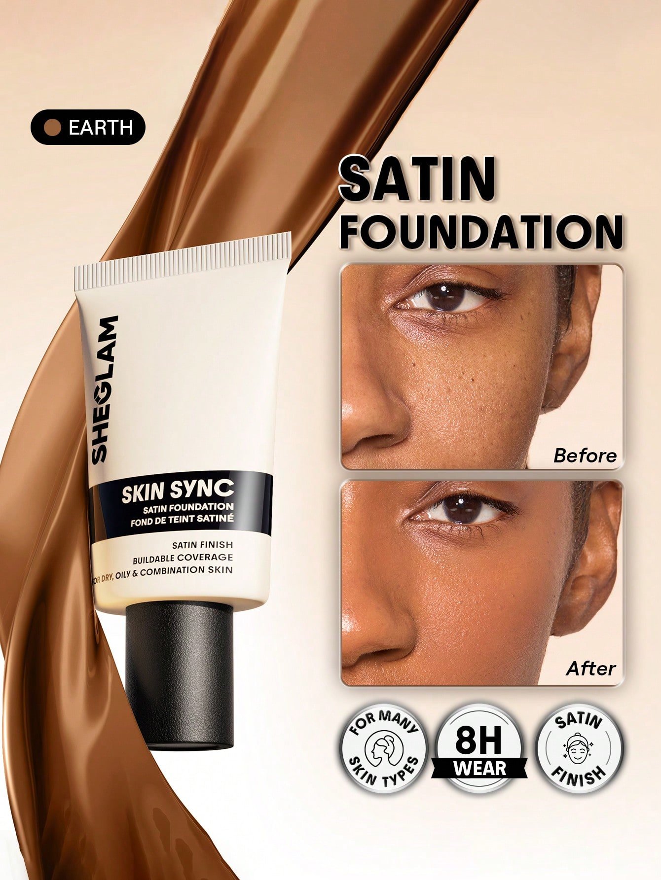sheglam skin sync satin كريم أساس fair علامة تجارية جمال مكياج ميكب مستحضرات تجميل للنساء الفتيات مثالي لفصل الصيف الربيع مثالي ل y2k أزياء أنيقة عيد الأم هدية حفلة جاهز أفضل لون 24