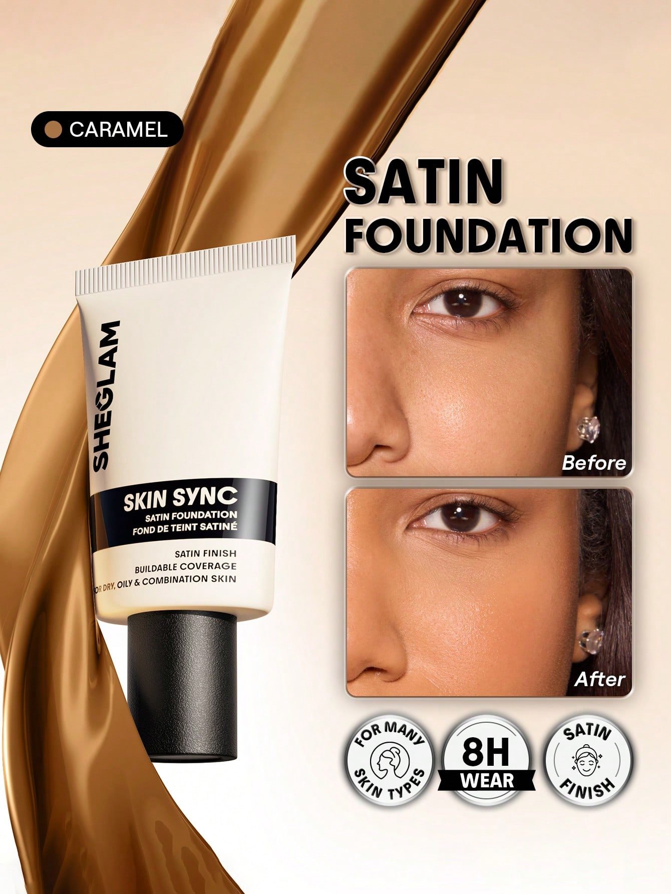 sheglam skin sync satin كريم أساس fair علامة تجارية جمال مكياج ميكب مستحضرات تجميل للنساء الفتيات مثالي لفصل الصيف الربيع مثالي ل y2k أزياء أنيقة عيد الأم هدية حفلة جاهز أفضل لون 22