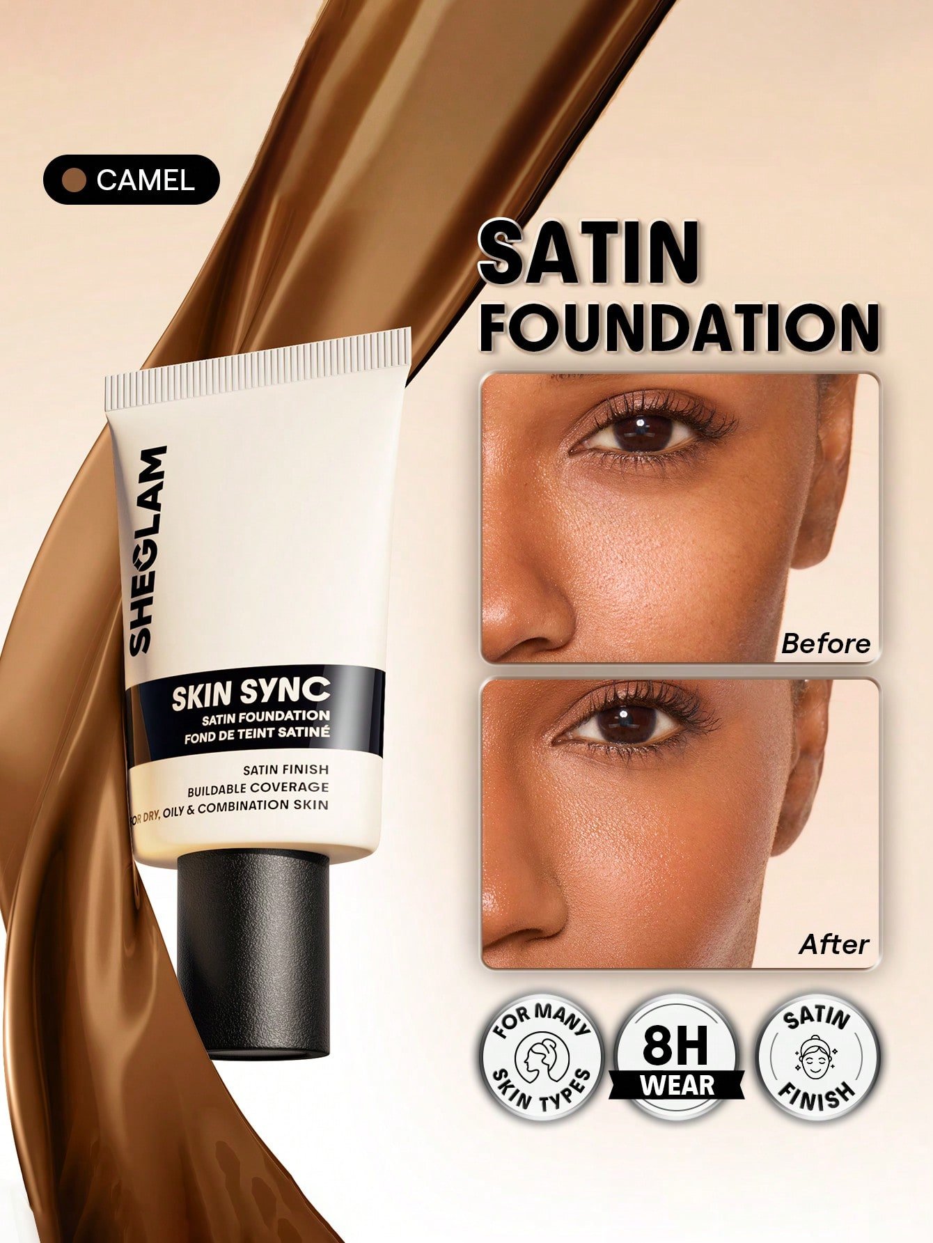 sheglam skin sync satin كريم أساس fair علامة تجارية جمال مكياج ميكب مستحضرات تجميل للنساء الفتيات مثالي لفصل الصيف الربيع مثالي ل y2k أزياء أنيقة عيد الأم هدية حفلة جاهز أفضل لون 25