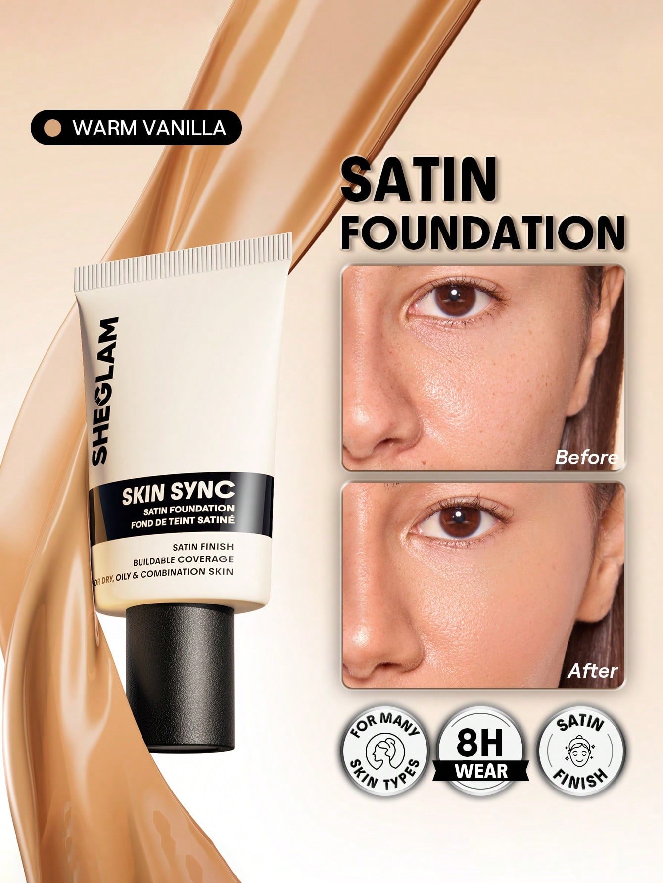 sheglam skin sync satin كريم أساس fair علامة تجارية جمال مكياج ميكب مستحضرات تجميل للنساء الفتيات مثالي لفصل الصيف الربيع مثالي ل y2k أزياء أنيقة عيد الأم هدية حفلة جاهز أفضل لون 9