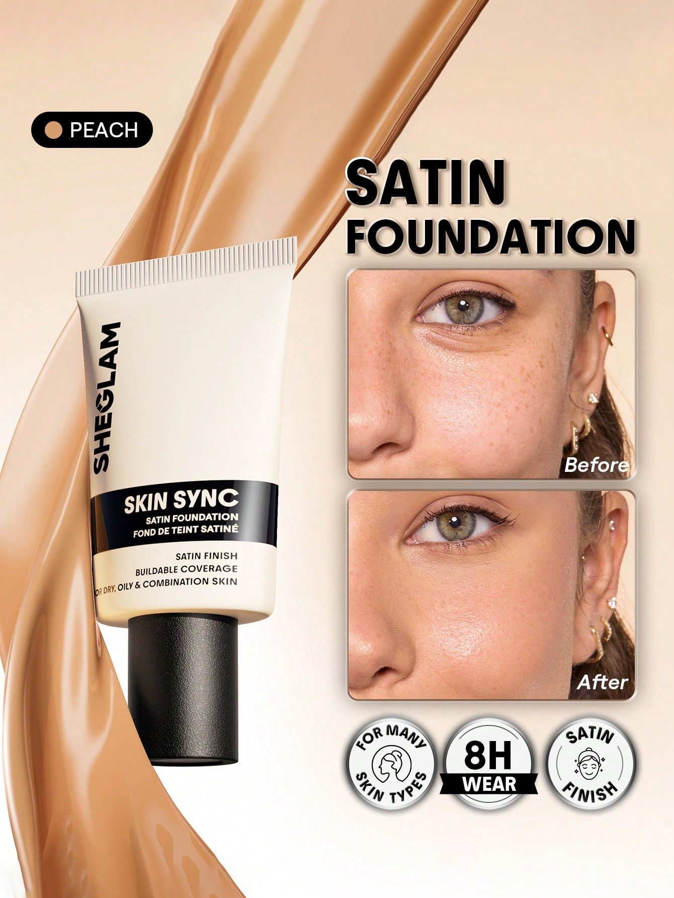 sheglam skin sync satin كريم أساس fair علامة تجارية جمال مكياج ميكب مستحضرات تجميل للنساء الفتيات مثالي لفصل الصيف الربيع مثالي ل y2k أزياء أنيقة عيد الأم هدية حفلة جاهز أفضل لون 11