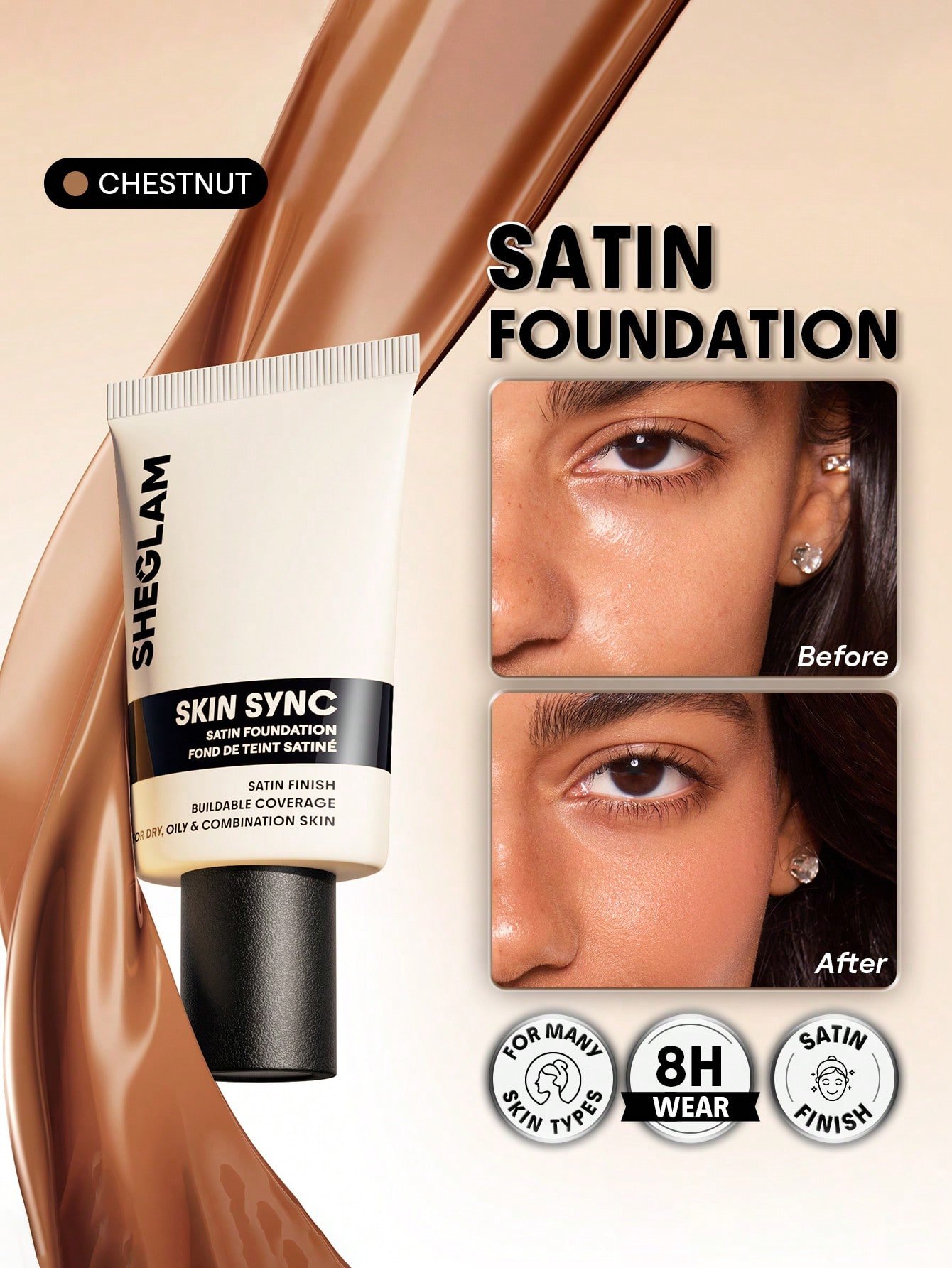 sheglam skin sync satin كريم أساس fair علامة تجارية جمال مكياج ميكب مستحضرات تجميل للنساء الفتيات مثالي لفصل الصيف الربيع مثالي ل y2k أزياء أنيقة عيد الأم هدية حفلة جاهز أفضل لون 19