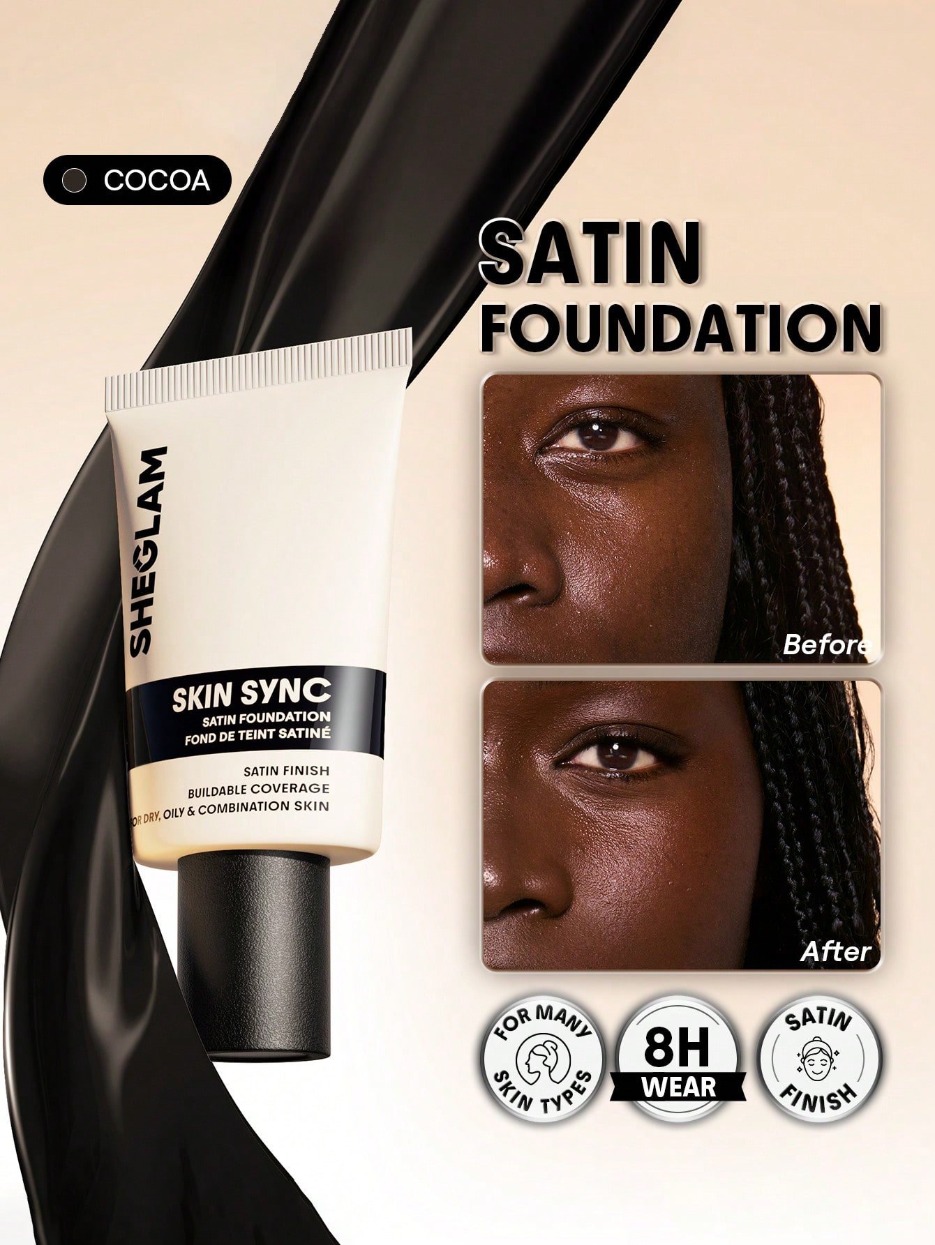 sheglam skin sync satin كريم أساس fair علامة تجارية جمال مكياج ميكب مستحضرات تجميل للنساء الفتيات مثالي لفصل الصيف الربيع مثالي ل y2k أزياء أنيقة عيد الأم هدية حفلة جاهز أفضل لون 35