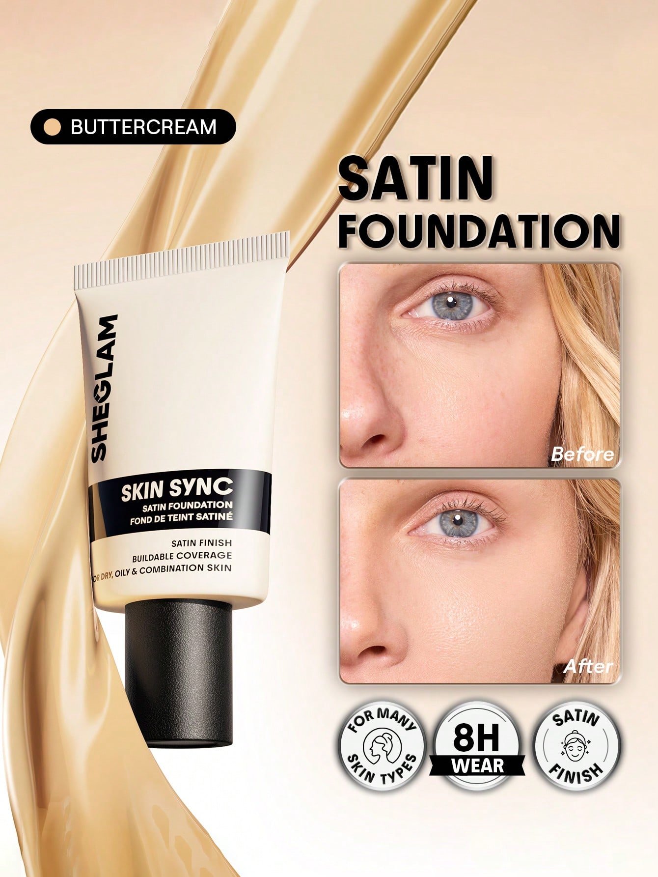 sheglam skin sync satin كريم أساس fair علامة تجارية جمال مكياج ميكب مستحضرات تجميل للنساء الفتيات مثالي لفصل الصيف الربيع مثالي ل y2k أزياء أنيقة عيد الأم هدية حفلة جاهز أفضل لون 1