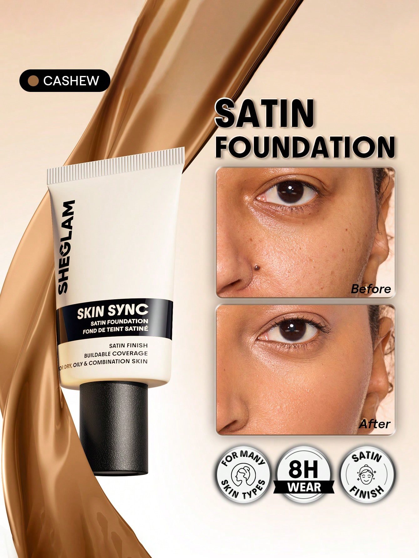 sheglam skin sync satin كريم أساس fair علامة تجارية جمال مكياج ميكب مستحضرات تجميل للنساء الفتيات مثالي لفصل الصيف الربيع مثالي ل y2k أزياء أنيقة عيد الأم هدية حفلة جاهز أفضل لون 20