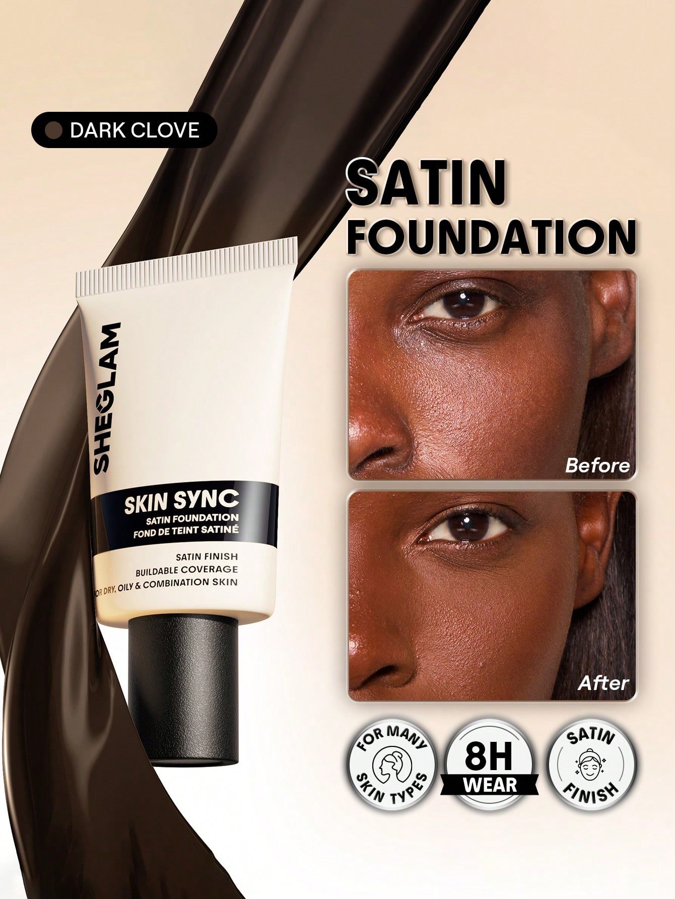 sheglam skin sync satin كريم أساس fair علامة تجارية جمال مكياج ميكب مستحضرات تجميل للنساء الفتيات مثالي لفصل الصيف الربيع مثالي ل y2k أزياء أنيقة عيد الأم هدية حفلة جاهز أفضل لون 33