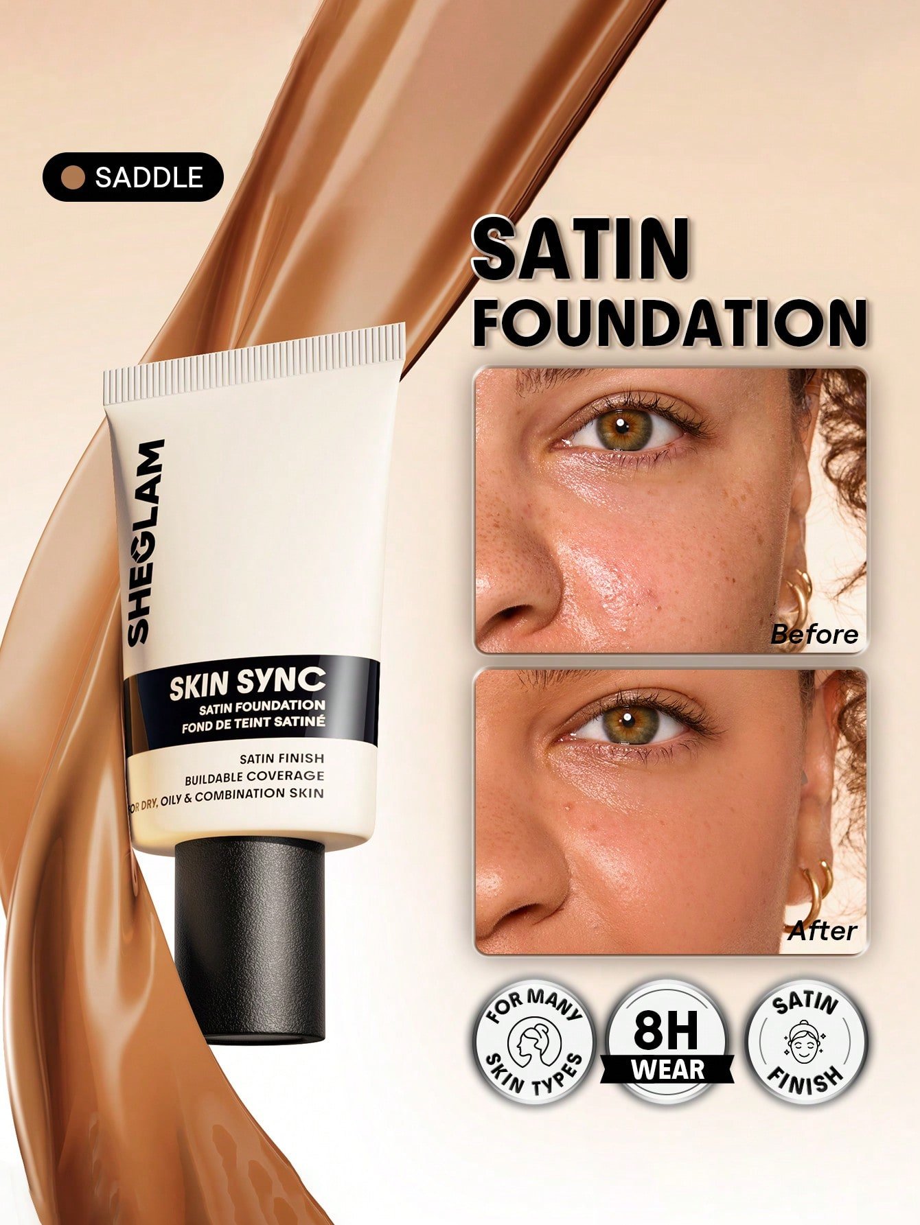 sheglam skin sync satin كريم أساس fair علامة تجارية جمال مكياج ميكب مستحضرات تجميل للنساء الفتيات مثالي لفصل الصيف الربيع مثالي ل y2k أزياء أنيقة عيد الأم هدية حفلة جاهز أفضل لون 17