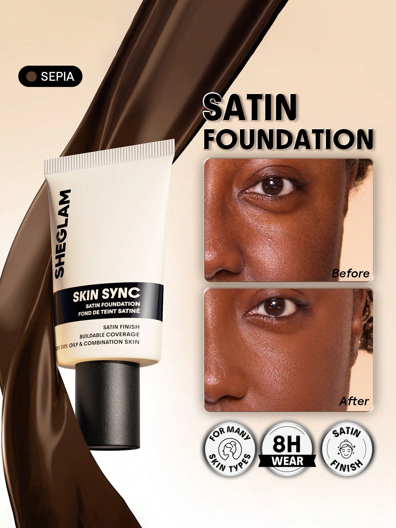 sheglam skin sync satin كريم أساس fair علامة تجارية جمال مكياج ميكب مستحضرات تجميل للنساء الفتيات مثالي لفصل الصيف الربيع مثالي ل y2k أزياء أنيقة عيد الأم هدية حفلة جاهز أفضل لون 32