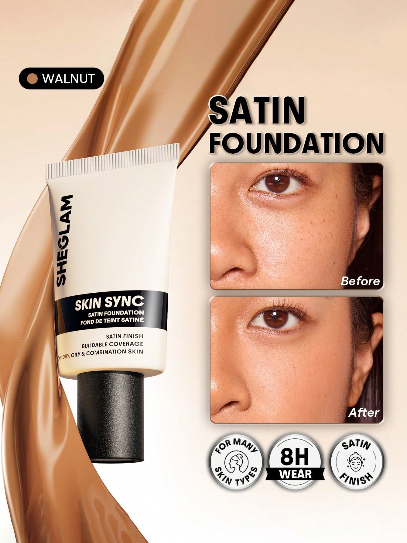 sheglam skin sync satin كريم أساس fair علامة تجارية جمال مكياج ميكب مستحضرات تجميل للنساء الفتيات مثالي لفصل الصيف الربيع مثالي ل y2k أزياء أنيقة عيد الأم هدية حفلة جاهز أفضل لون 18