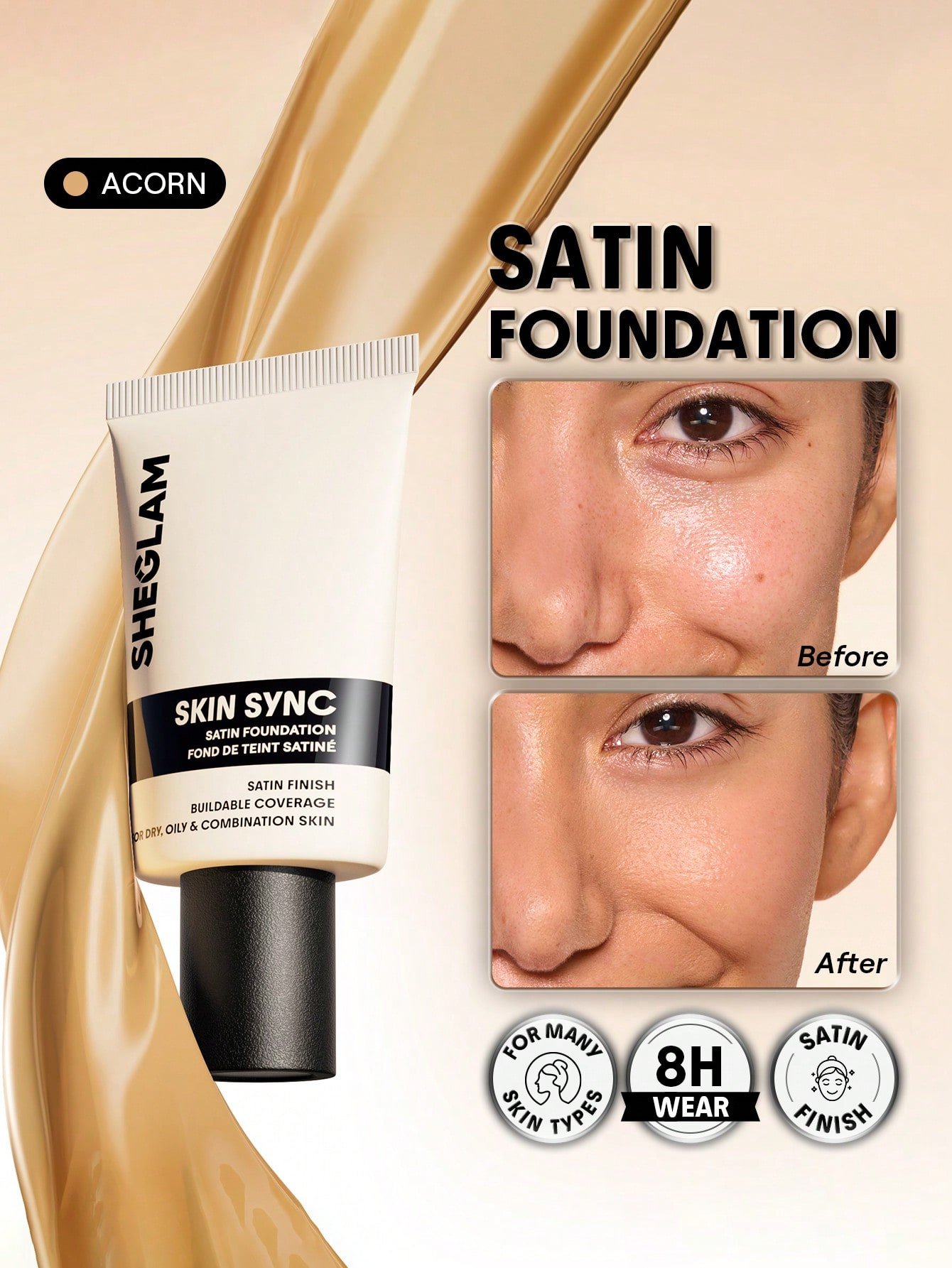 sheglam skin sync satin كريم أساس fair علامة تجارية جمال مكياج ميكب مستحضرات تجميل للنساء الفتيات مثالي لفصل الصيف الربيع مثالي ل y2k أزياء أنيقة عيد الأم هدية حفلة جاهز أفضل لون 8
