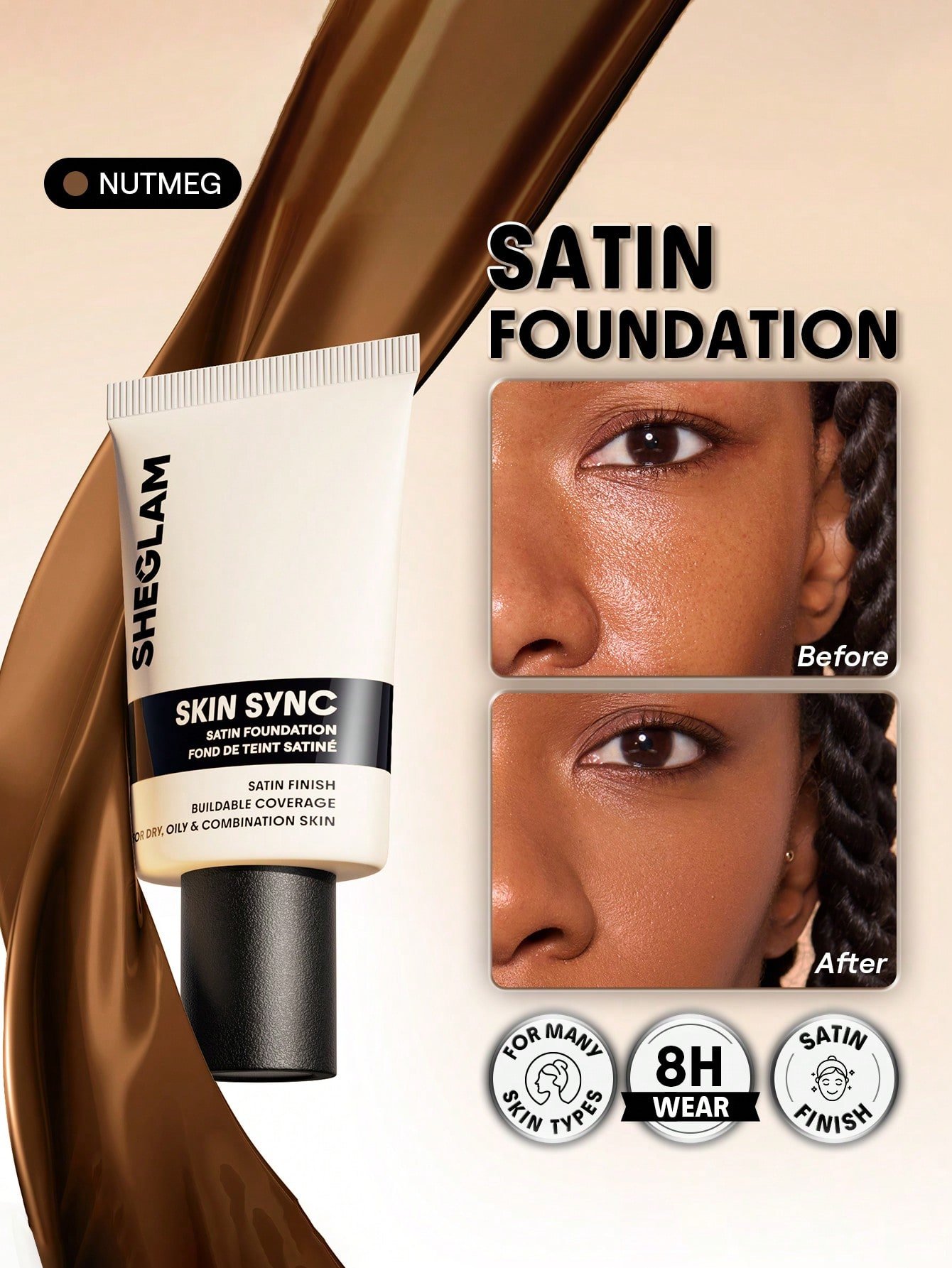 sheglam skin sync satin كريم أساس fair علامة تجارية جمال مكياج ميكب مستحضرات تجميل للنساء الفتيات مثالي لفصل الصيف الربيع مثالي ل y2k أزياء أنيقة عيد الأم هدية حفلة جاهز أفضل لون 27