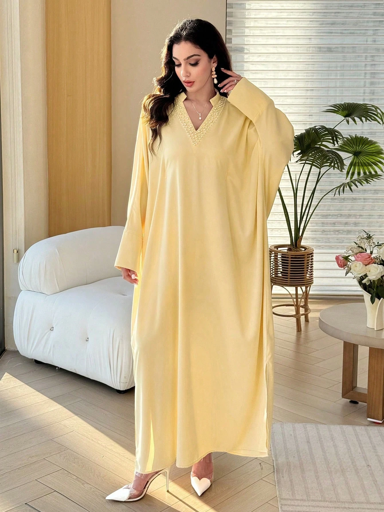al najma فستان ربيع/صيف أنيق بياقة على شكل حرف v مزين بالخرز اللطيف بتصميم نحيف 6