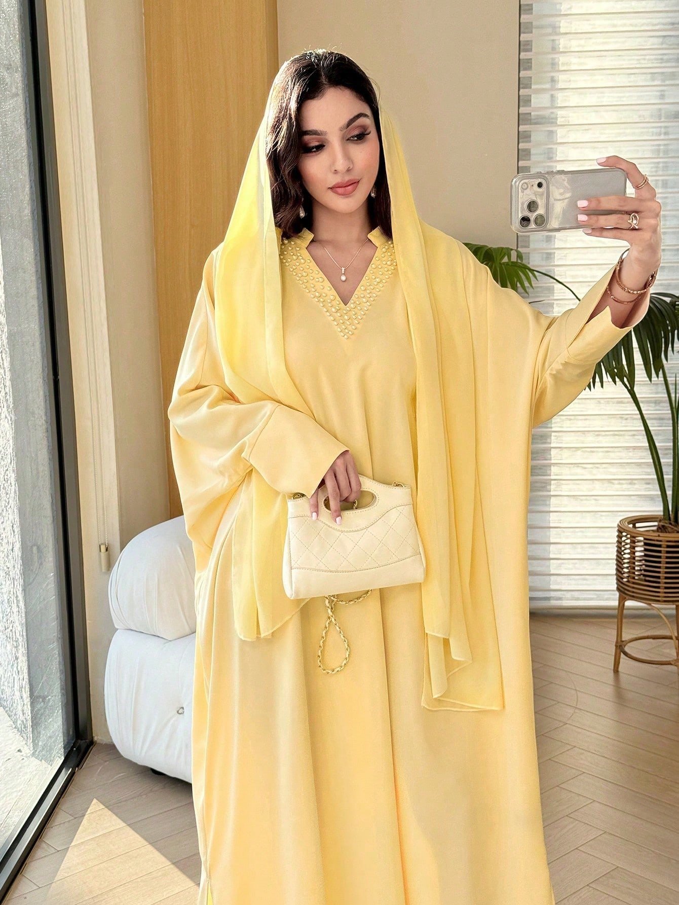 al najma فستان ربيع/صيف أنيق بياقة على شكل حرف v مزين بالخرز اللطيف بتصميم نحيف 8