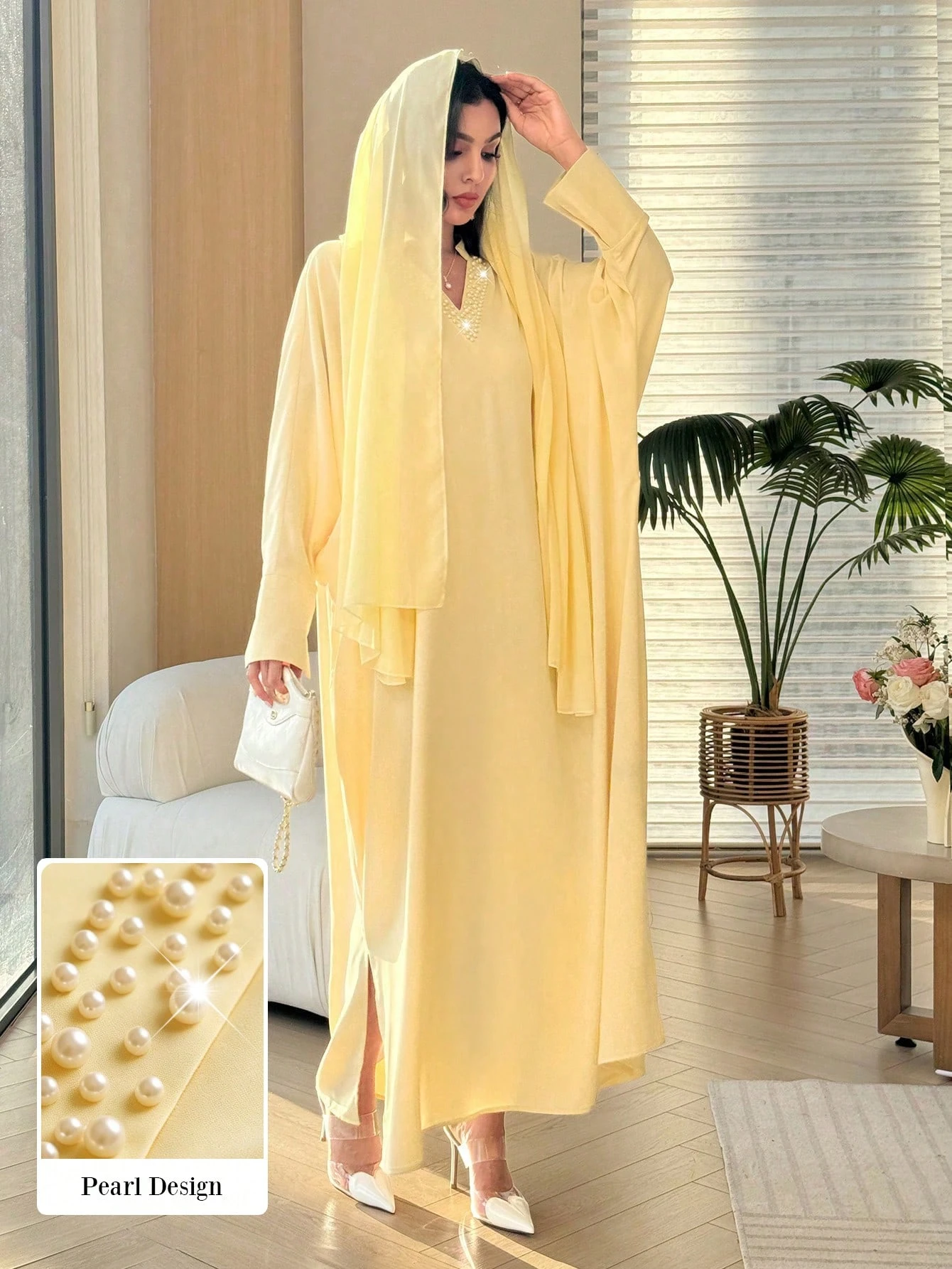 al najma فستان ربيع/صيف أنيق بياقة على شكل حرف v مزين بالخرز اللطيف بتصميم نحيف 9