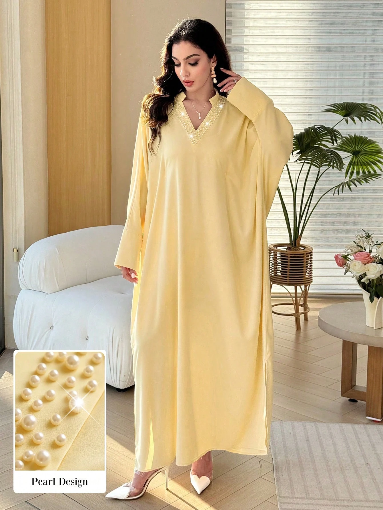 al najma فستان ربيع/صيف أنيق بياقة على شكل حرف v مزين بالخرز اللطيف بتصميم نحيف 12