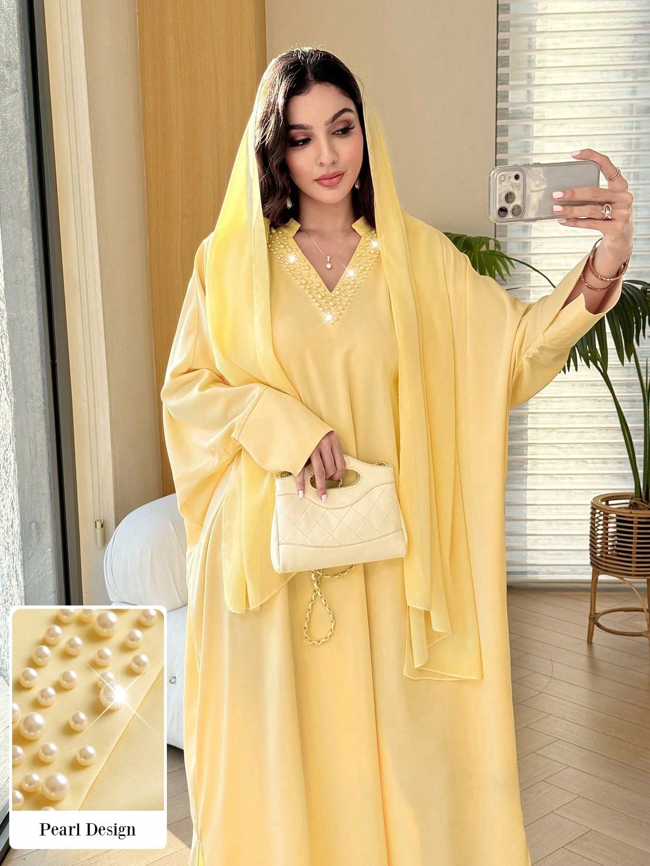 al najma فستان ربيع/صيف أنيق بياقة على شكل حرف v مزين بالخرز اللطيف بتصميم نحيف 14