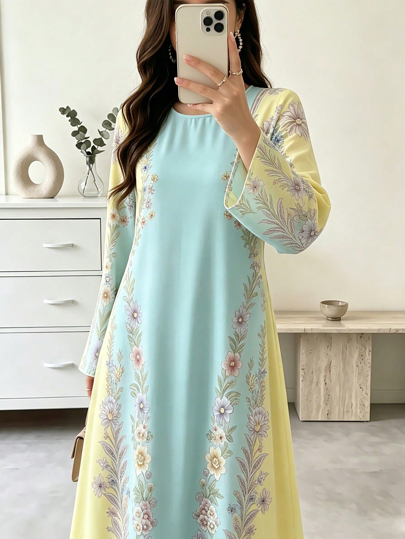 shein najma فستان ربيعي أنيق بأكمام طويلة وياقة دائرية، بطبعات رقمية أنيقة من الزهور والنباتات والأشكال الهندسية، بطراز عربي 6
